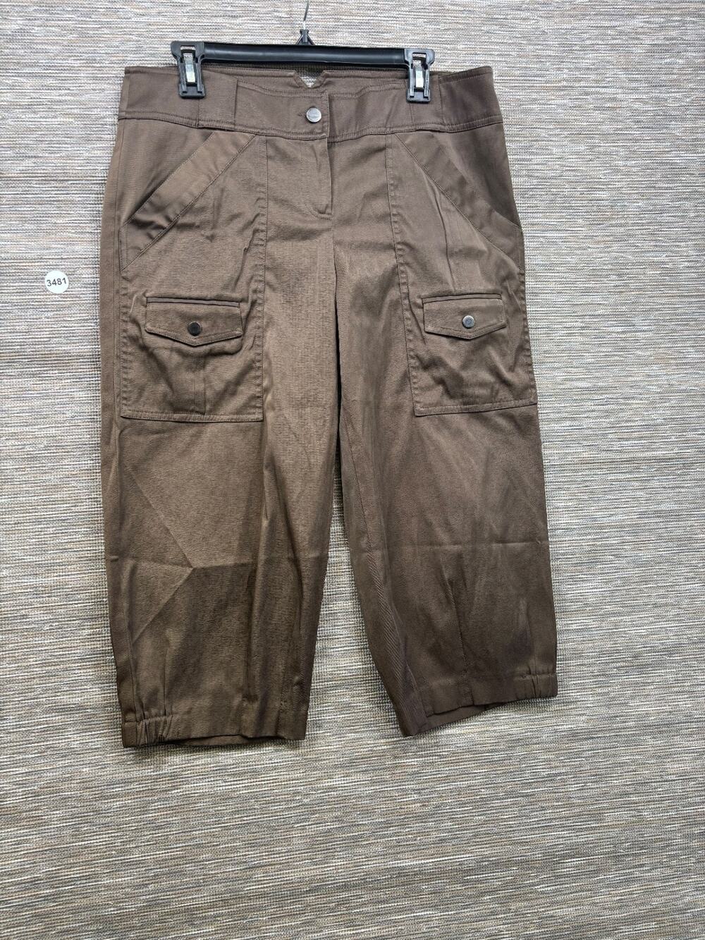 Cache Capri Cargo Pants Womens Size 12 Brown Shiney 19" inseam Mid Rise Stretch